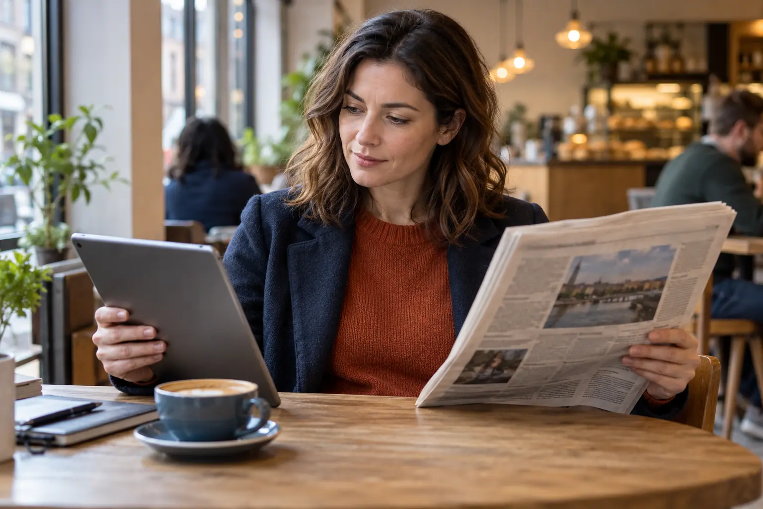 A reader comparing a tablet news page with a printed newspaper