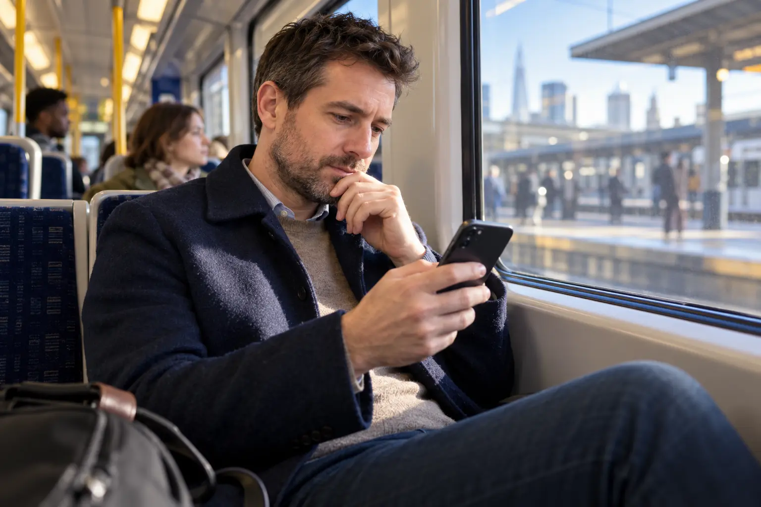 A commuter reading a news story on his phone