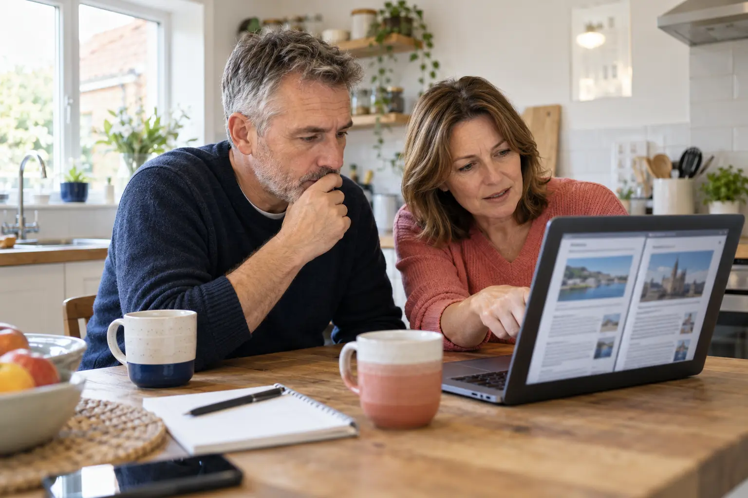 Two readers comparing news coverage on a laptop
